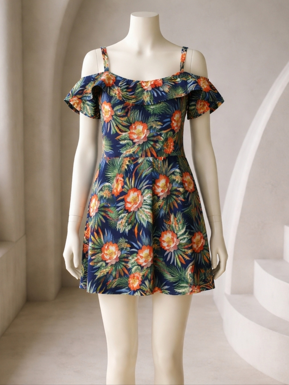 Wrapper. Size M Floral Off-Shoulder Summer Dress - Navy & Orange